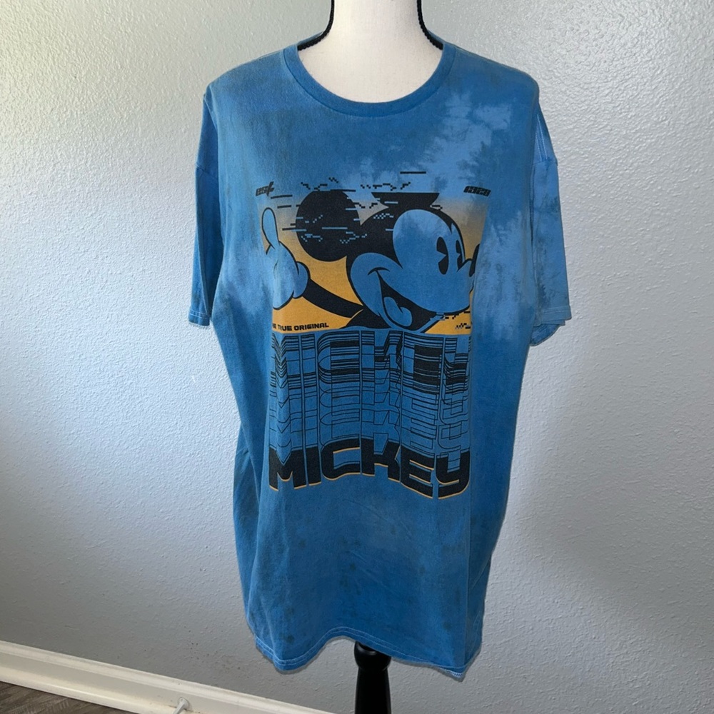 Disney Mickey Mouse Blue Bleach Dye Graphic Tee Size XL